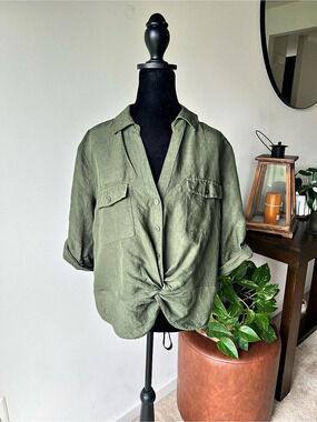 I.N.C International Concepts Linen Blend Button Down Shirt in Green Size Large